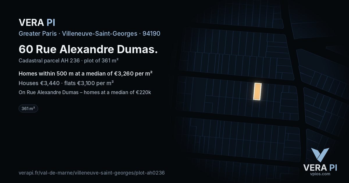 60 Rue Alexandre Dumas, Villeneuve-Saint-Georges at night – the plot lit, the parcels around coloured by the prices near them