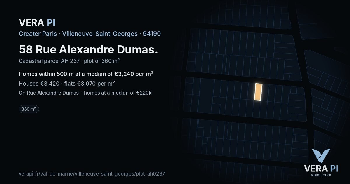 58 Rue Alexandre Dumas, Villeneuve-Saint-Georges at night – the plot lit, the parcels around coloured by the prices near them