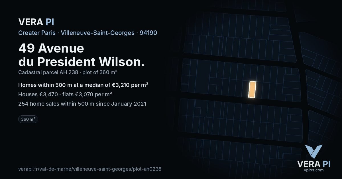 49 Avenue du President Wilson, Villeneuve-Saint-Georges at night – the plot lit, the parcels around coloured by the prices near them