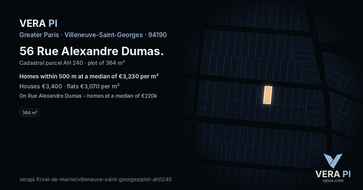 56 Rue Alexandre Dumas, Villeneuve-Saint-Georges at night – the plot lit, the parcels around coloured by the prices near them