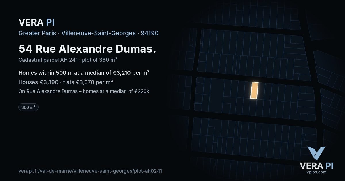 54 Rue Alexandre Dumas, Villeneuve-Saint-Georges at night – the plot lit, the parcels around coloured by the prices near them