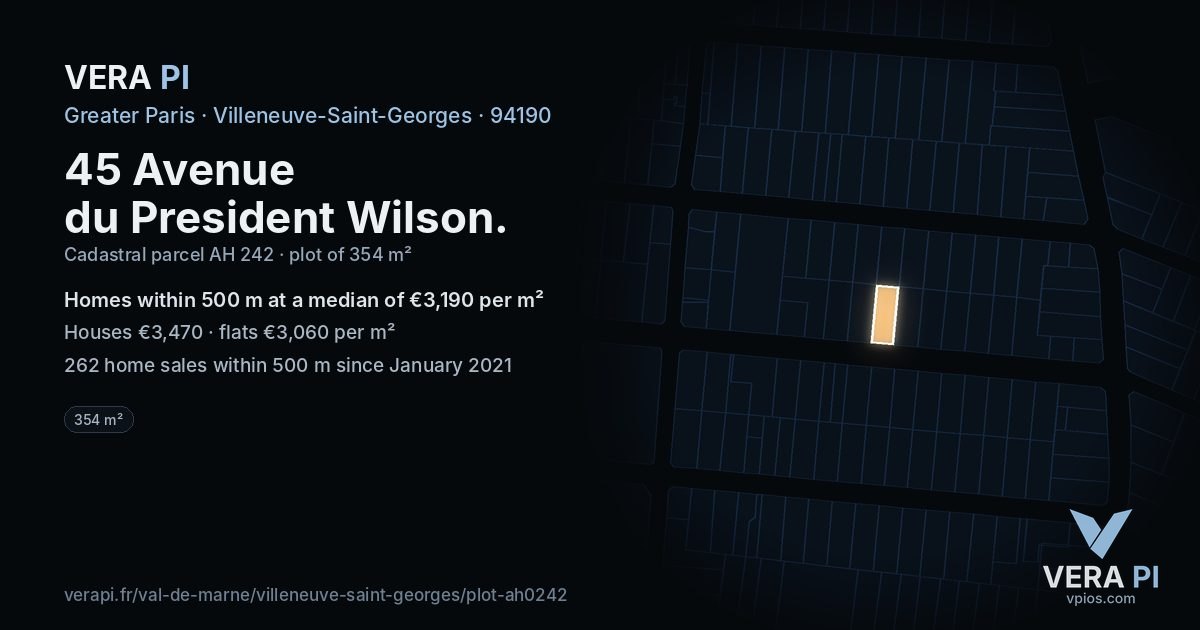 45 Avenue du President Wilson, Villeneuve-Saint-Georges at night – the plot lit, the parcels around coloured by the prices near them