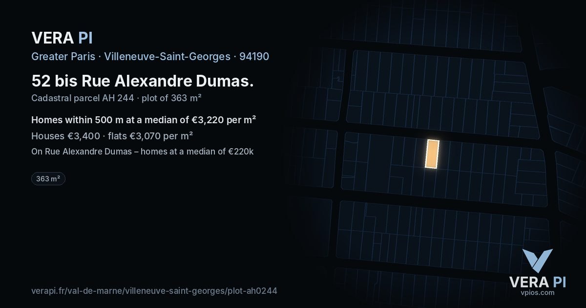 52 bis Rue Alexandre Dumas, Villeneuve-Saint-Georges at night – the plot lit, the parcels around coloured by the prices near them