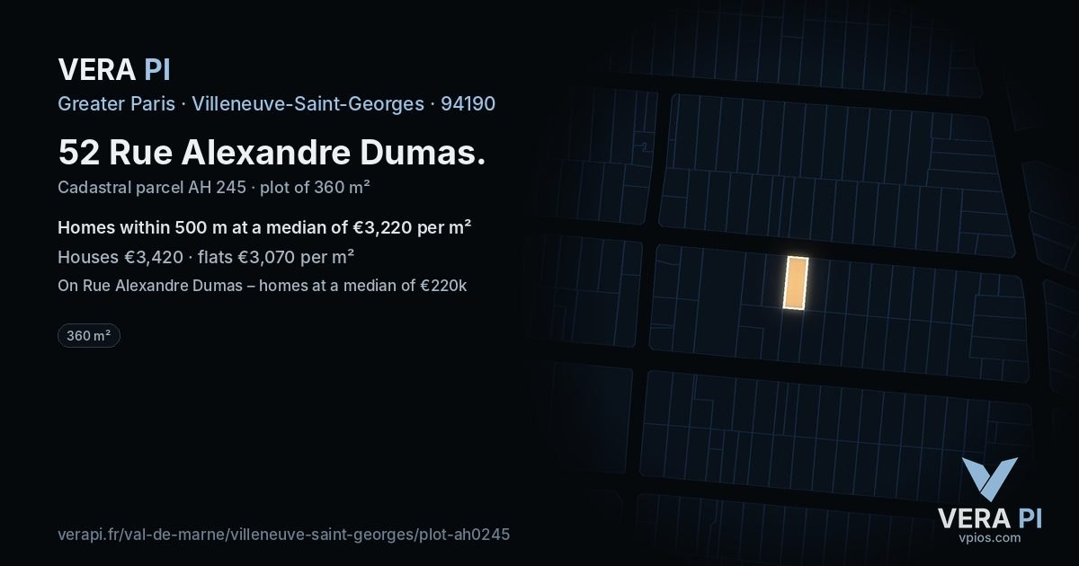 52 Rue Alexandre Dumas, Villeneuve-Saint-Georges at night – the plot lit, the parcels around coloured by the prices near them