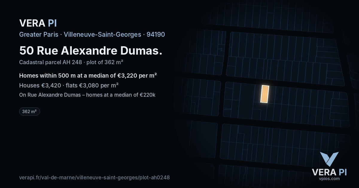50 Rue Alexandre Dumas, Villeneuve-Saint-Georges at night – the plot lit, the parcels around coloured by the prices near them