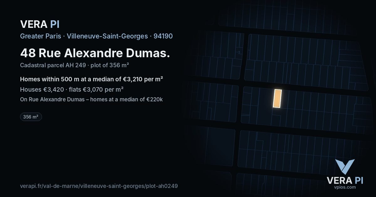 48 Rue Alexandre Dumas, Villeneuve-Saint-Georges at night – the plot lit, the parcels around coloured by the prices near them