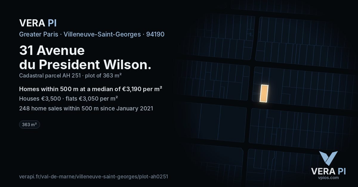 31 Avenue du President Wilson, Villeneuve-Saint-Georges at night – the plot lit, the parcels around coloured by the prices near them