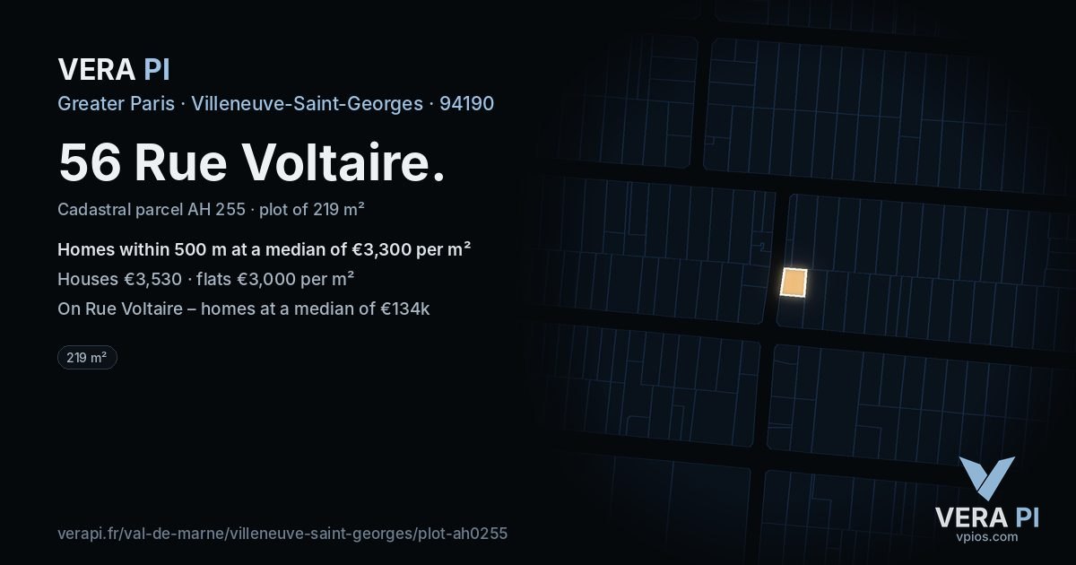 56 Rue Voltaire, Villeneuve-Saint-Georges at night – the plot lit, the parcels around coloured by the prices near them