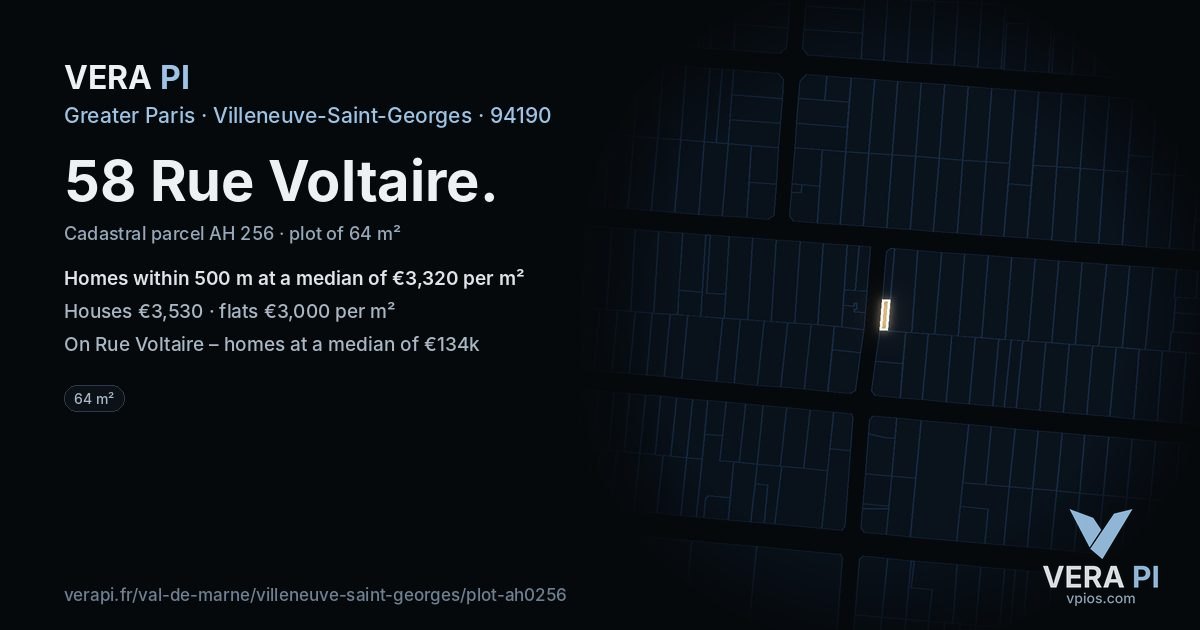58 Rue Voltaire, Villeneuve-Saint-Georges at night – the plot lit, the parcels around coloured by the prices near them