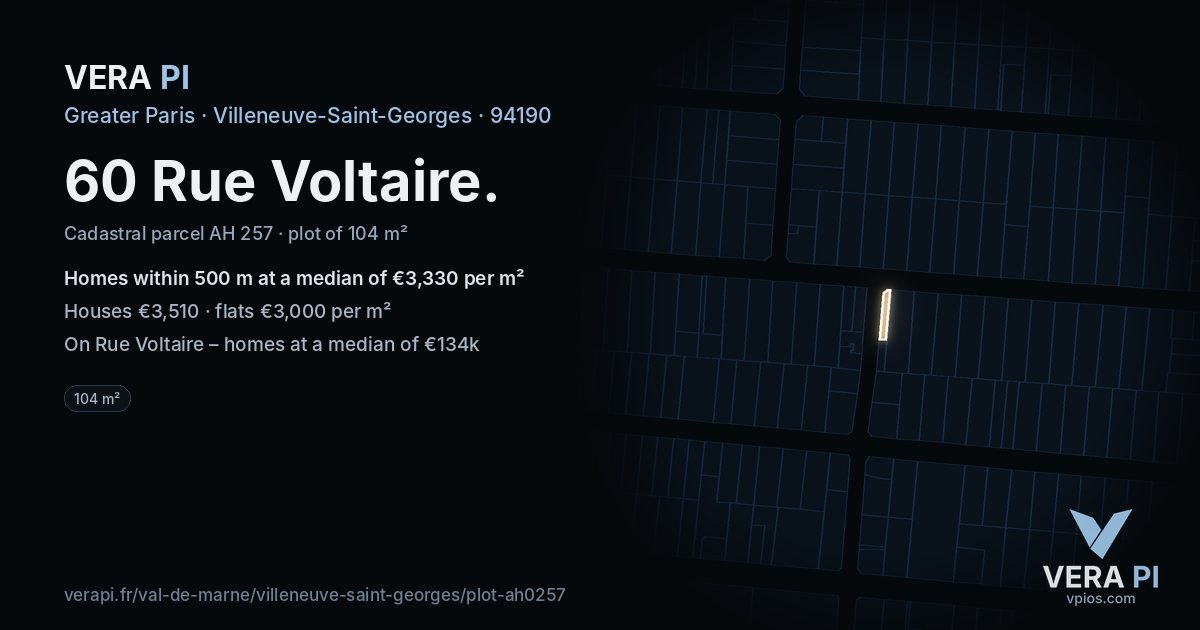 60 Rue Voltaire, Villeneuve-Saint-Georges at night – the plot lit, the parcels around coloured by the prices near them