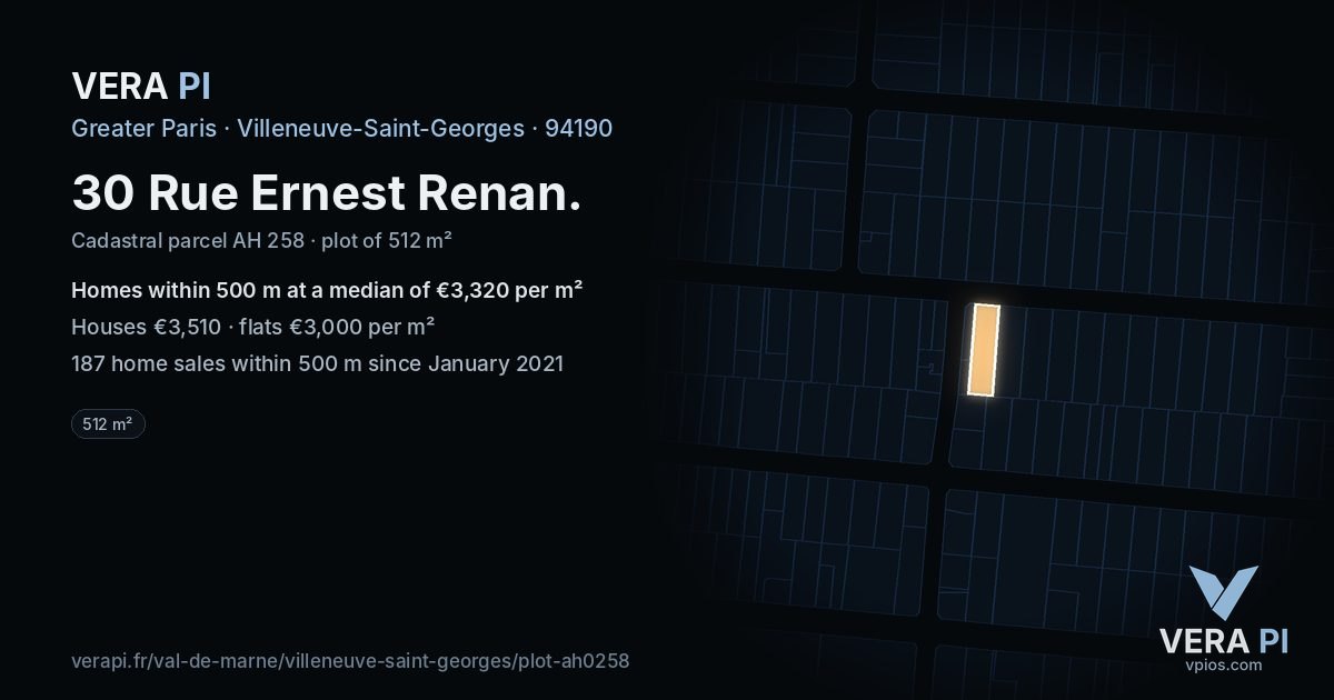 30 Rue Ernest Renan, Villeneuve-Saint-Georges at night – the plot lit, the parcels around coloured by the prices near them