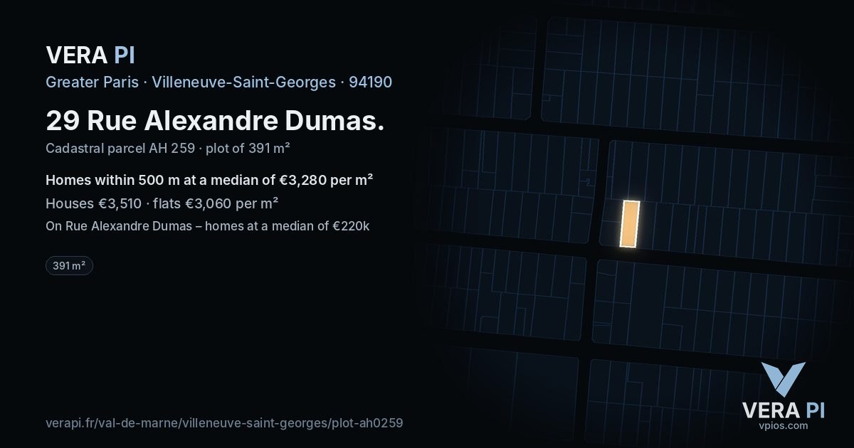 29 Rue Alexandre Dumas, Villeneuve-Saint-Georges at night – the plot lit, the parcels around coloured by the prices near them