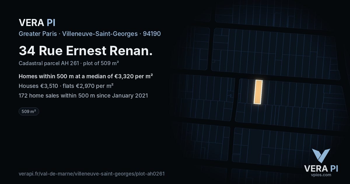 34 Rue Ernest Renan, Villeneuve-Saint-Georges at night – the plot lit, the parcels around coloured by the prices near them