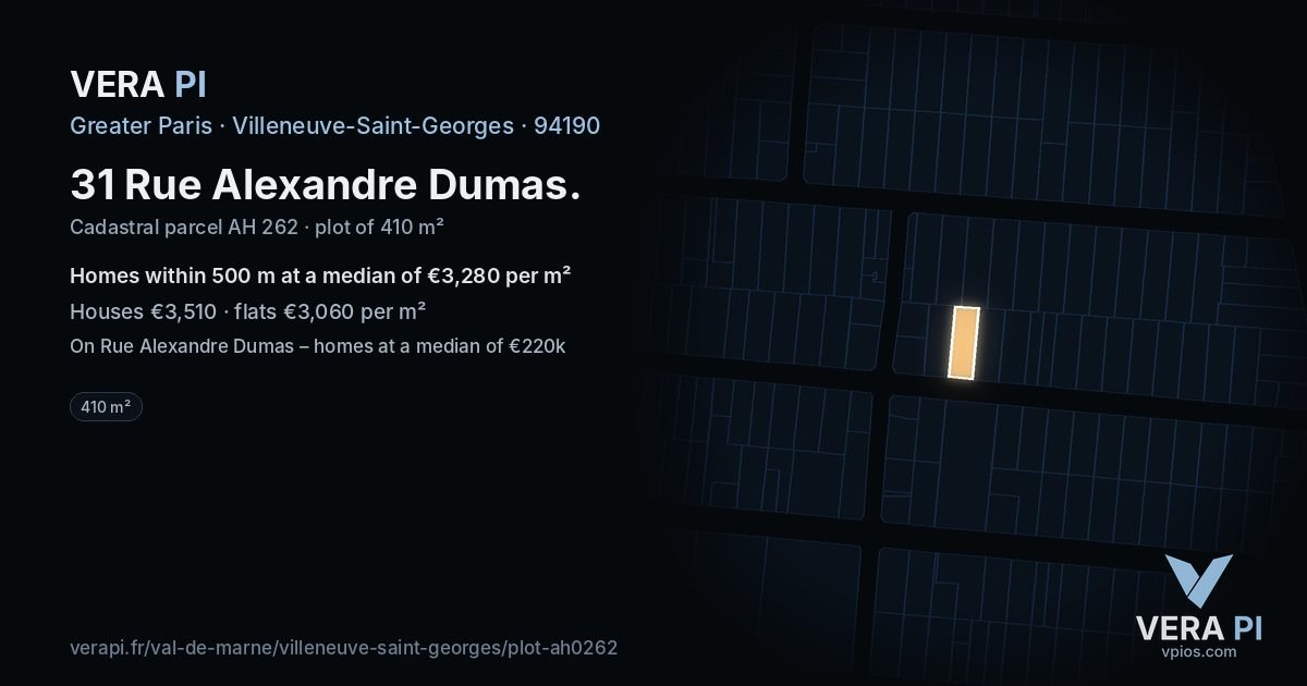 31 Rue Alexandre Dumas, Villeneuve-Saint-Georges at night – the plot lit, the parcels around coloured by the prices near them