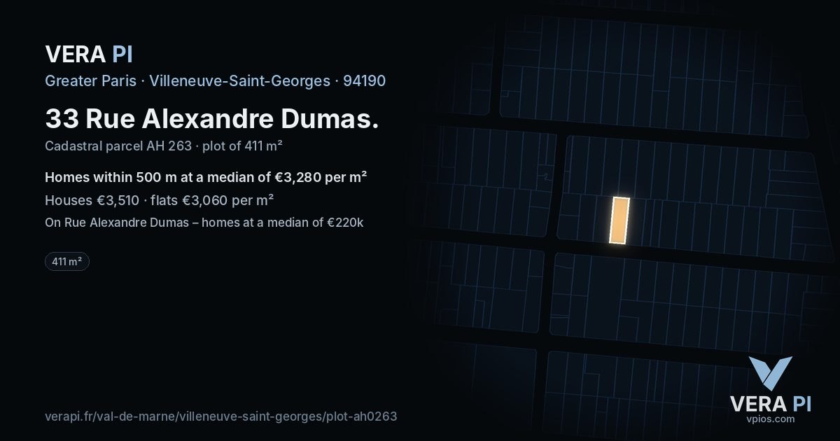 33 Rue Alexandre Dumas, Villeneuve-Saint-Georges at night – the plot lit, the parcels around coloured by the prices near them