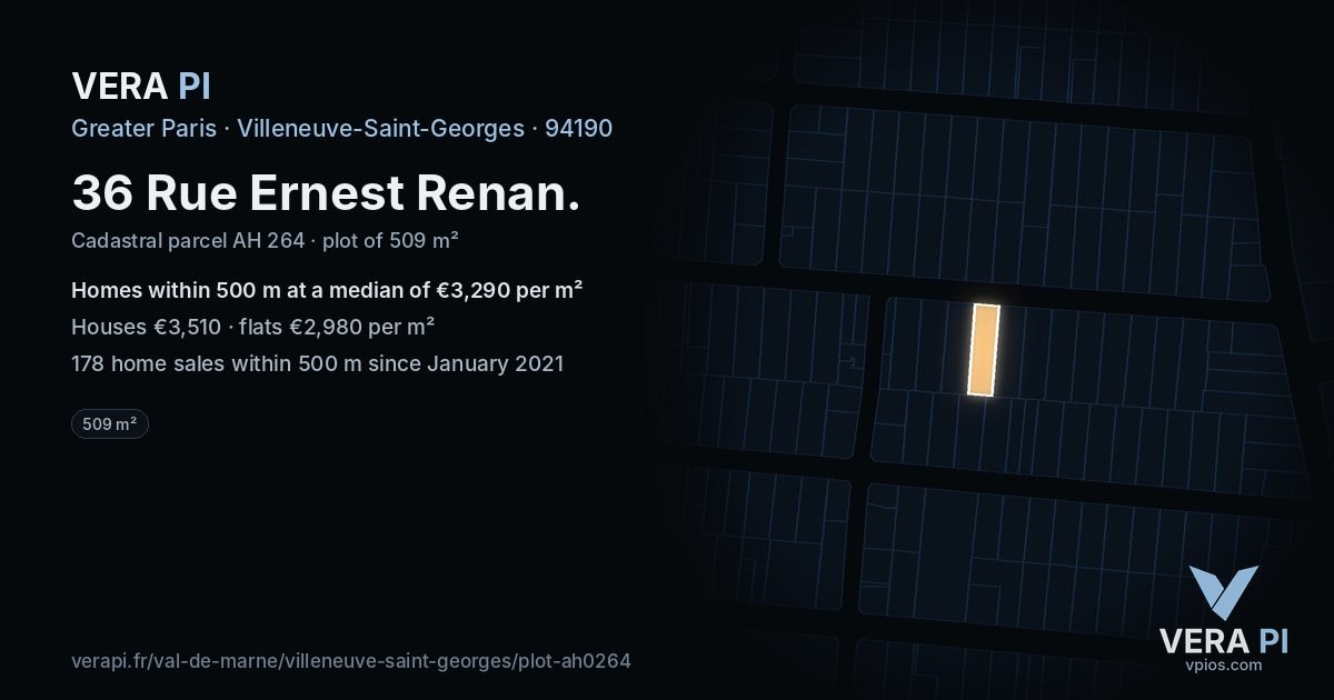 36 Rue Ernest Renan, Villeneuve-Saint-Georges at night – the plot lit, the parcels around coloured by the prices near them