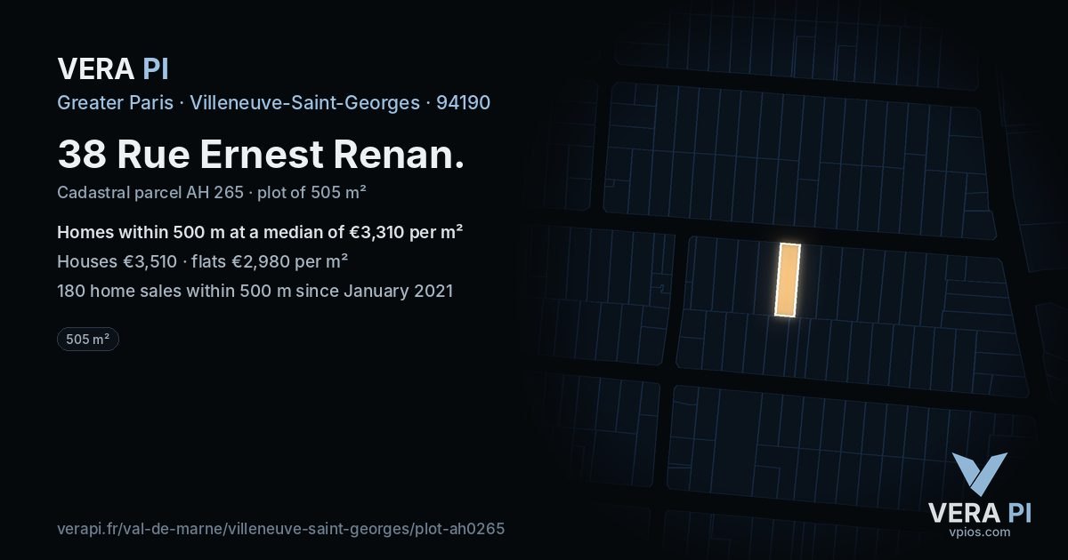 38 Rue Ernest Renan, Villeneuve-Saint-Georges at night – the plot lit, the parcels around coloured by the prices near them