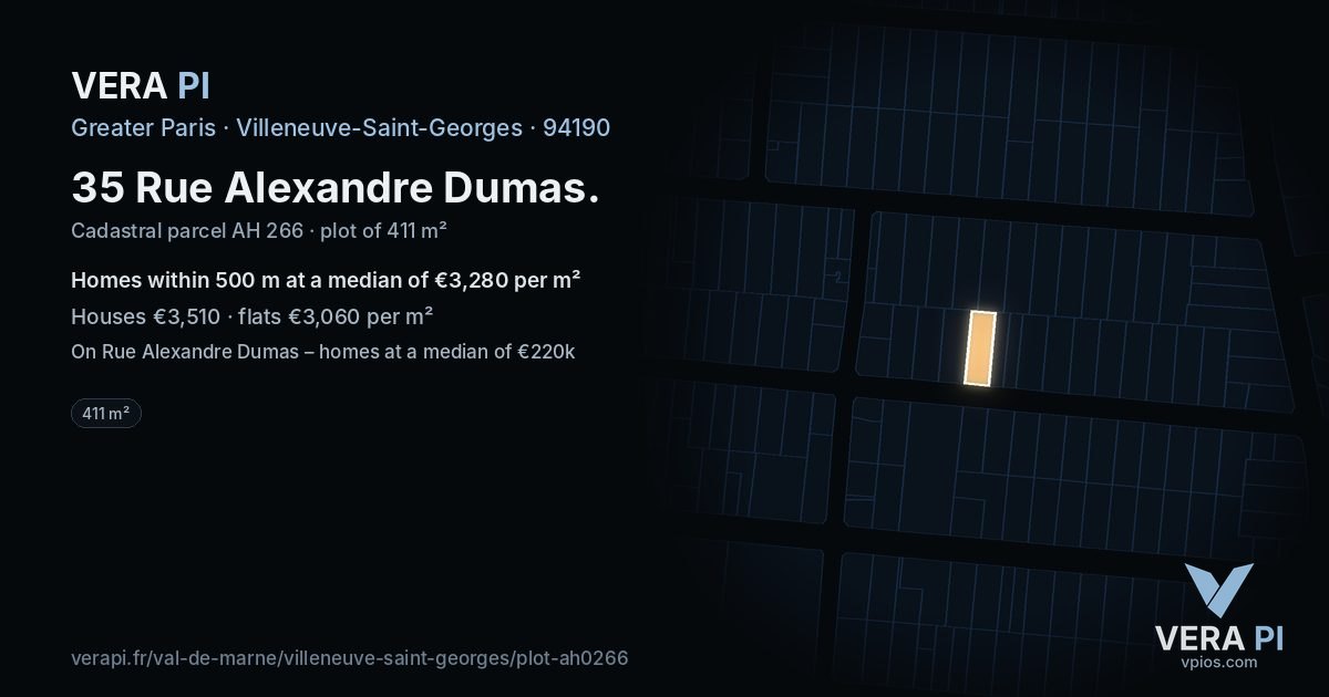 35 Rue Alexandre Dumas, Villeneuve-Saint-Georges at night – the plot lit, the parcels around coloured by the prices near them