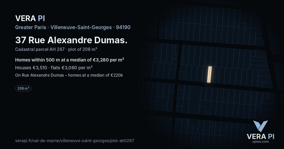 37 Rue Alexandre Dumas, Villeneuve-Saint-Georges at night – the plot lit, the parcels around coloured by the prices near them