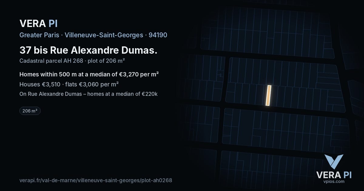 37 bis Rue Alexandre Dumas, Villeneuve-Saint-Georges at night – the plot lit, the parcels around coloured by the prices near them