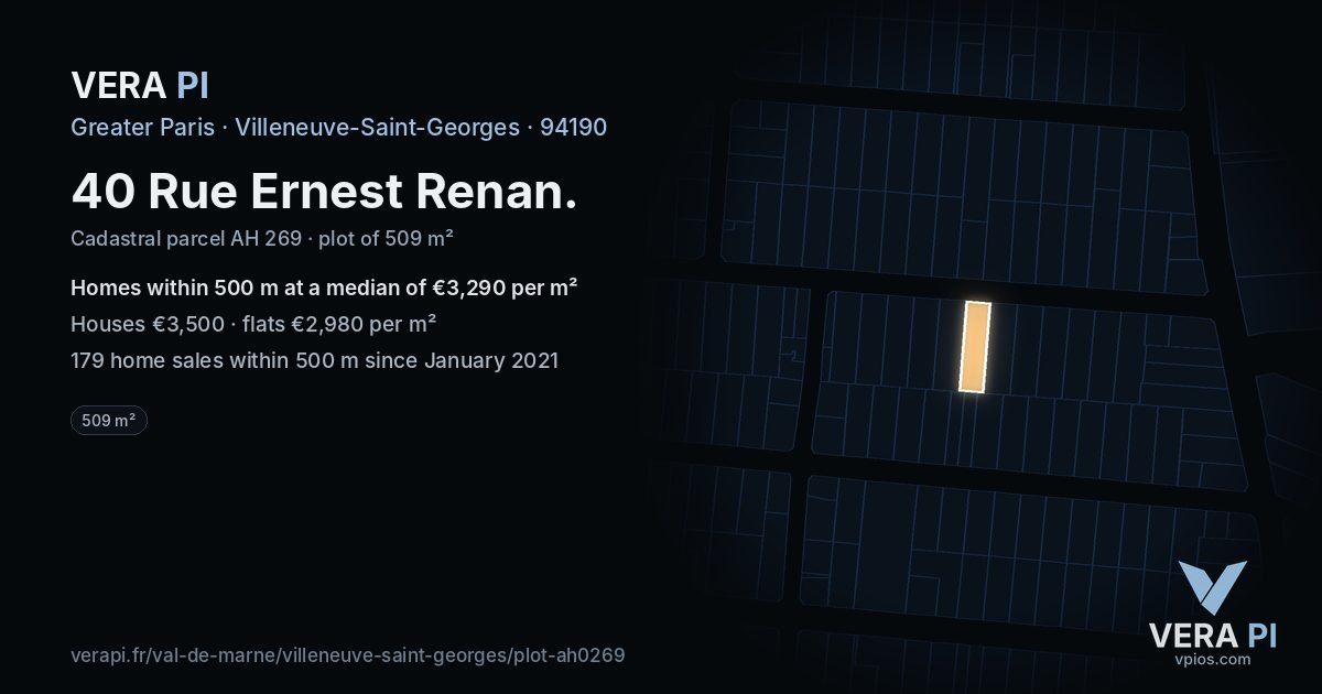 40 Rue Ernest Renan, Villeneuve-Saint-Georges at night – the plot lit, the parcels around coloured by the prices near them