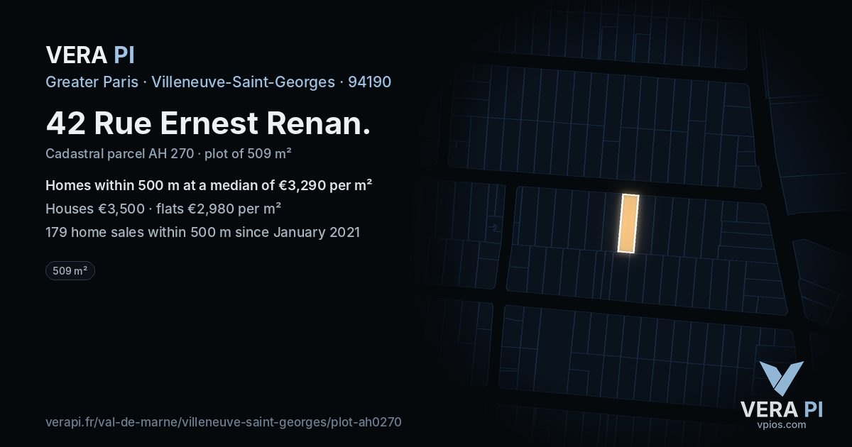 42 Rue Ernest Renan, Villeneuve-Saint-Georges at night – the plot lit, the parcels around coloured by the prices near them