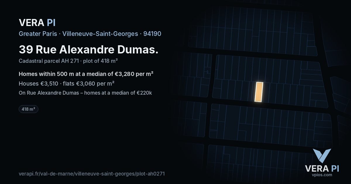 39 Rue Alexandre Dumas, Villeneuve-Saint-Georges at night – the plot lit, the parcels around coloured by the prices near them