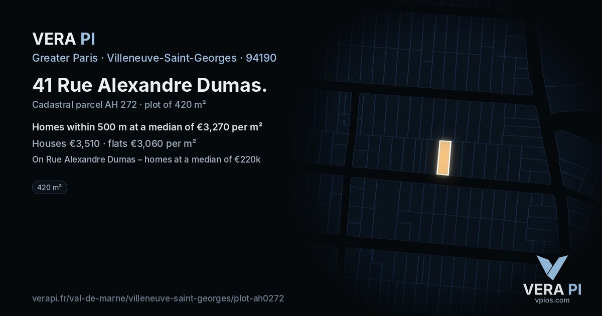 41 Rue Alexandre Dumas, Villeneuve-Saint-Georges at night – the plot lit, the parcels around coloured by the prices near them