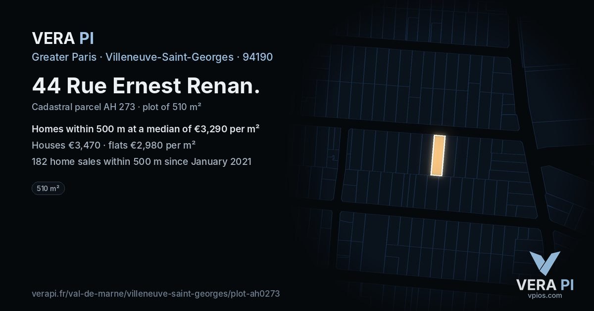 44 Rue Ernest Renan, Villeneuve-Saint-Georges at night – the plot lit, the parcels around coloured by the prices near them