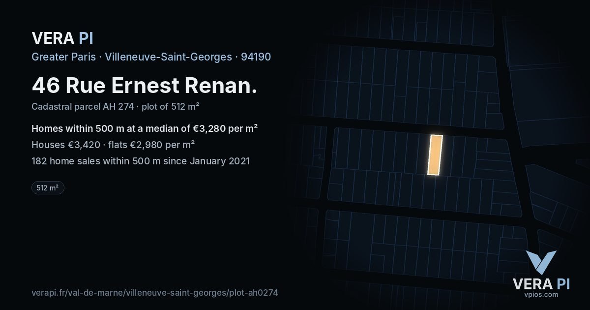 46 Rue Ernest Renan, Villeneuve-Saint-Georges at night – the plot lit, the parcels around coloured by the prices near them