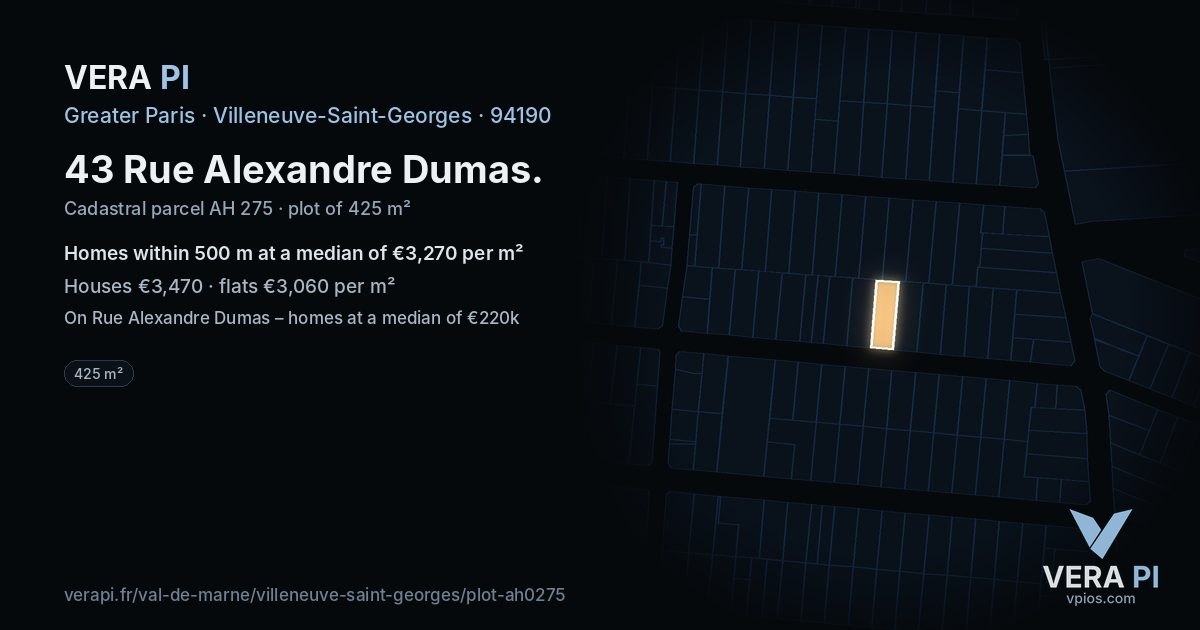 43 Rue Alexandre Dumas, Villeneuve-Saint-Georges at night – the plot lit, the parcels around coloured by the prices near them