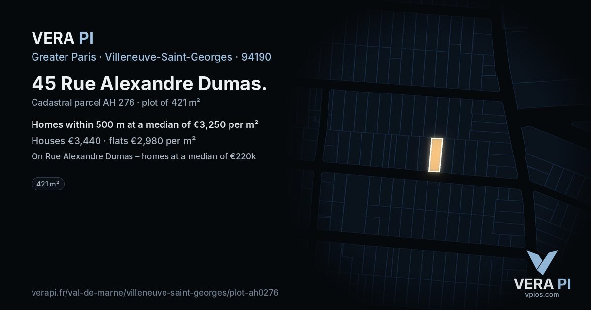 45 Rue Alexandre Dumas, Villeneuve-Saint-Georges at night – the plot lit, the parcels around coloured by the prices near them