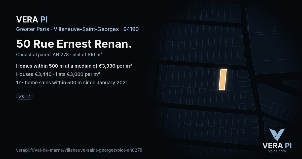50 Rue Ernest Renan, Villeneuve-Saint-Georges at night – the plot lit, the parcels around coloured by the prices near them