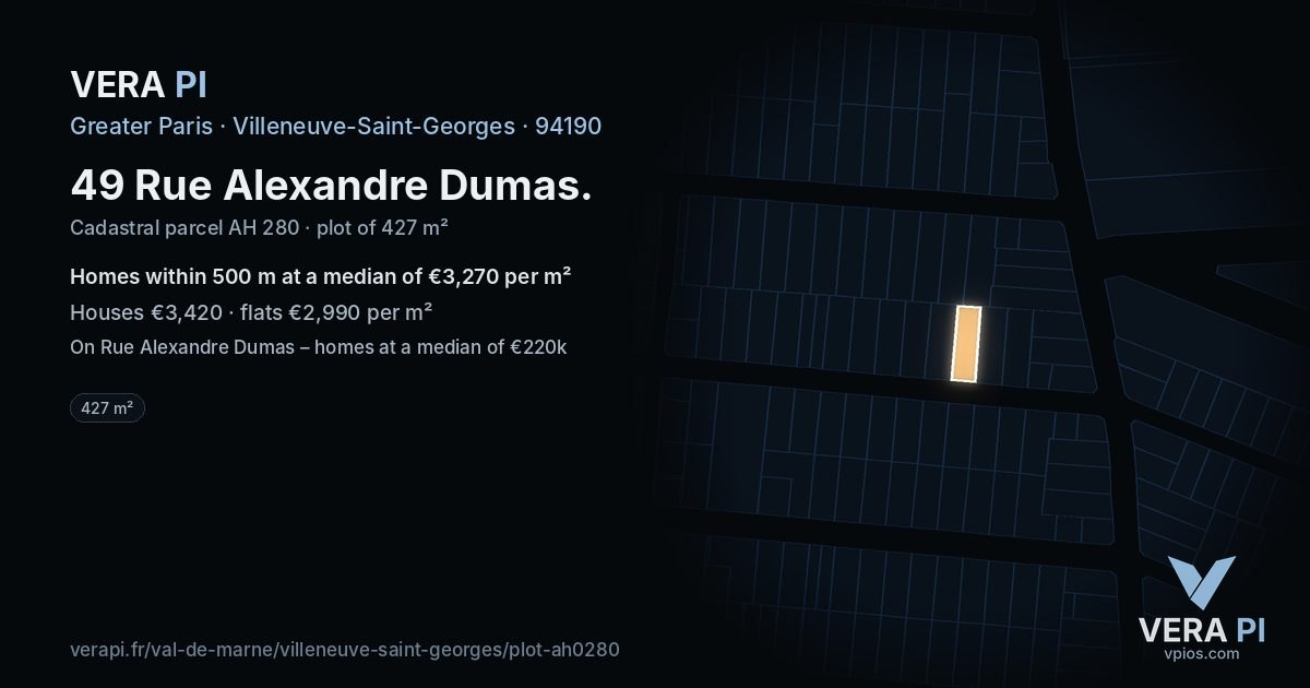 49 Rue Alexandre Dumas, Villeneuve-Saint-Georges at night – the plot lit, the parcels around coloured by the prices near them