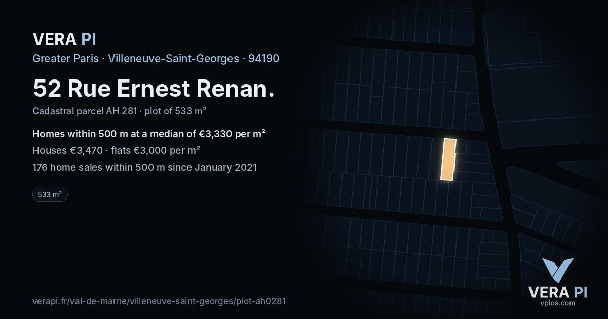 52 Rue Ernest Renan, Villeneuve-Saint-Georges at night – the plot lit, the parcels around coloured by the prices near them