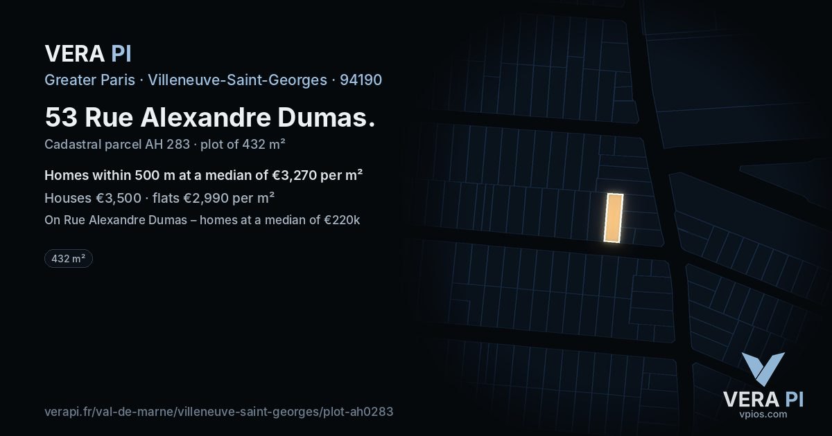 53 Rue Alexandre Dumas, Villeneuve-Saint-Georges at night – the plot lit, the parcels around coloured by the prices near them