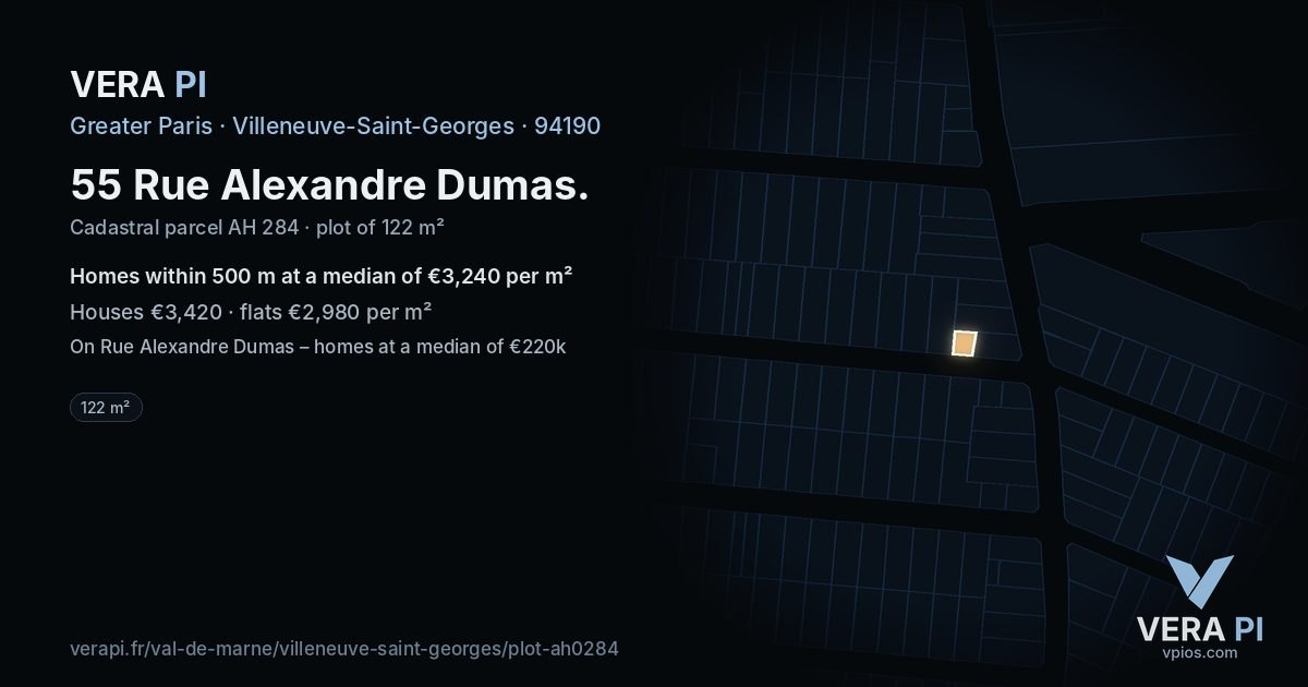 55 Rue Alexandre Dumas, Villeneuve-Saint-Georges at night – the plot lit, the parcels around coloured by the prices near them