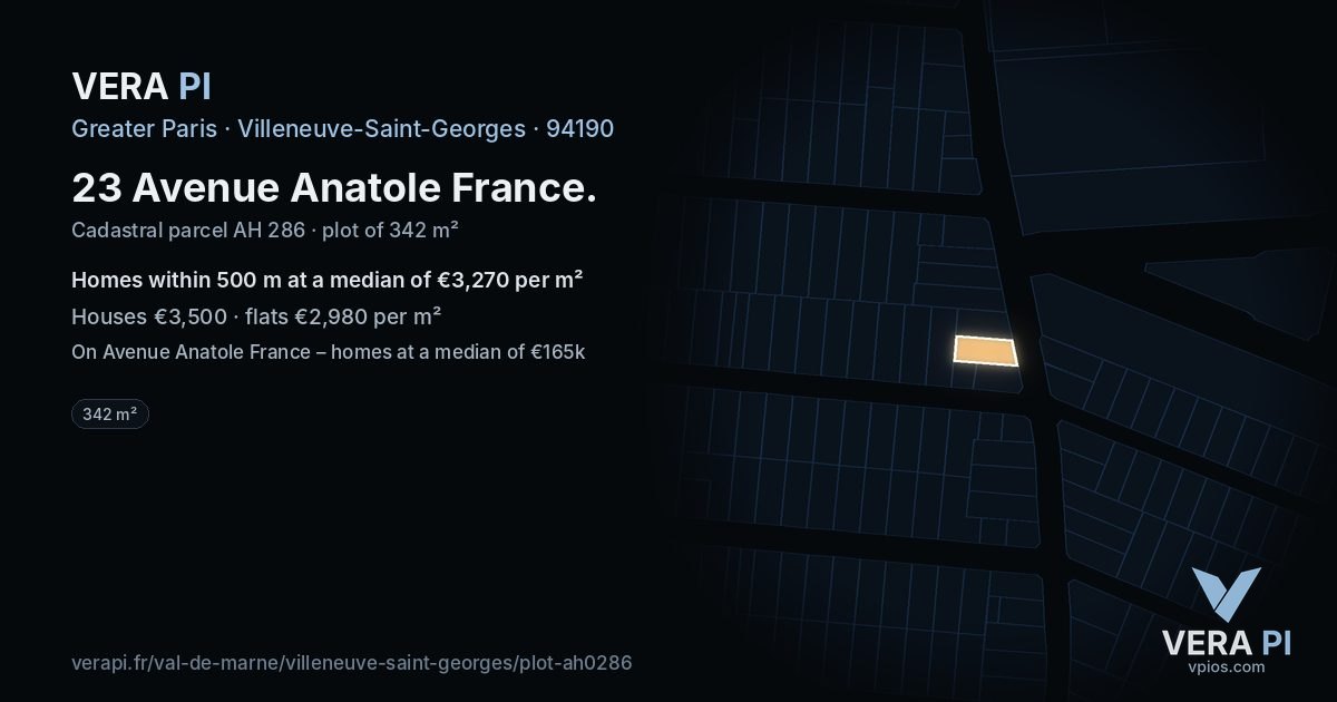 23 Avenue Anatole France, Villeneuve-Saint-Georges at night – the plot lit, the parcels around coloured by the prices near them