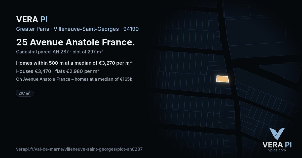25 Avenue Anatole France, Villeneuve-Saint-Georges at night – the plot lit, the parcels around coloured by the prices near them