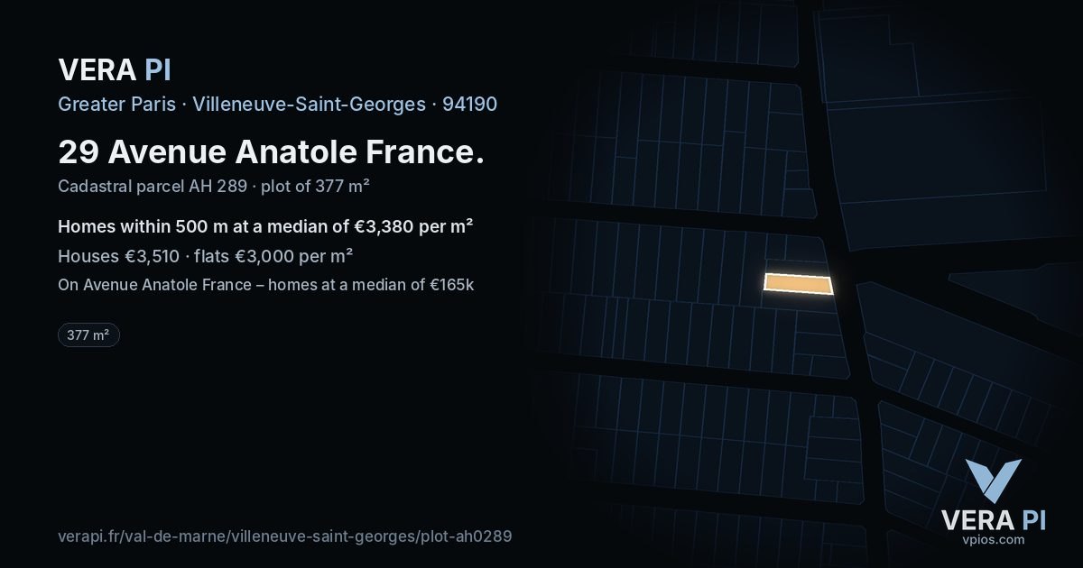 29 Avenue Anatole France, Villeneuve-Saint-Georges at night – the plot lit, the parcels around coloured by the prices near them