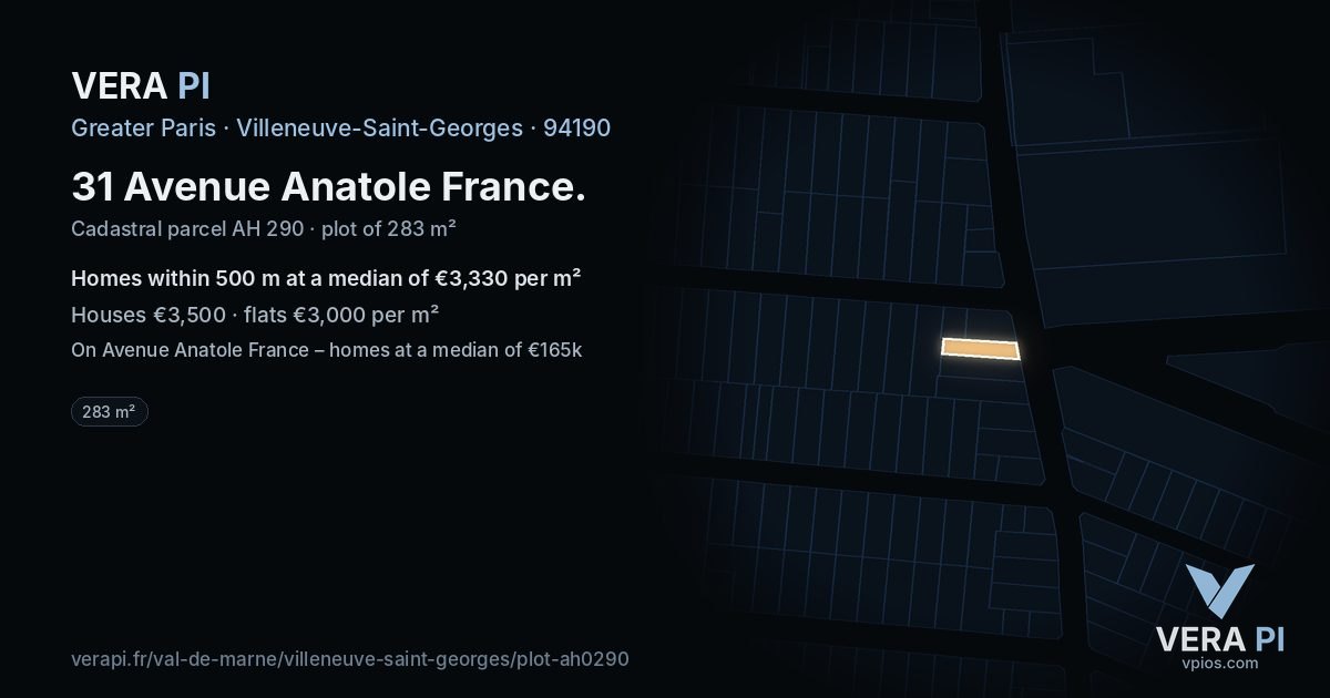 31 Avenue Anatole France, Villeneuve-Saint-Georges at night – the plot lit, the parcels around coloured by the prices near them