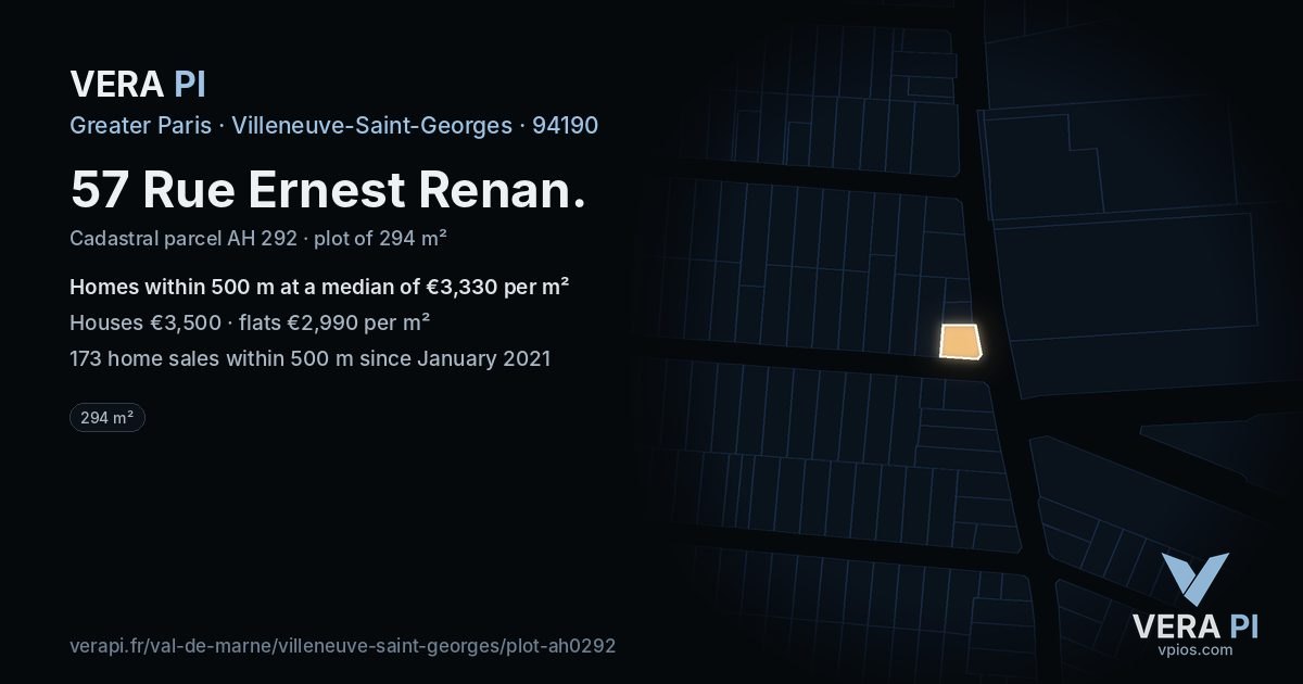 57 Rue Ernest Renan, Villeneuve-Saint-Georges at night – the plot lit, the parcels around coloured by the prices near them