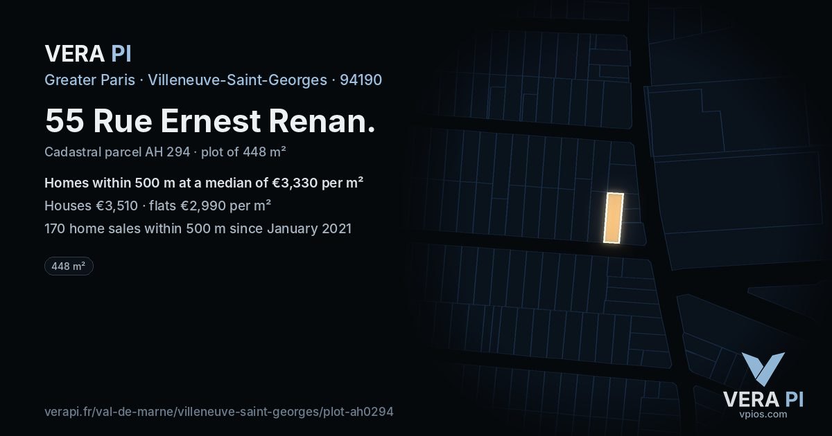 55 Rue Ernest Renan, Villeneuve-Saint-Georges at night – the plot lit, the parcels around coloured by the prices near them
