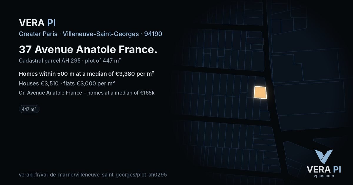 37 Avenue Anatole France, Villeneuve-Saint-Georges at night – the plot lit, the parcels around coloured by the prices near them