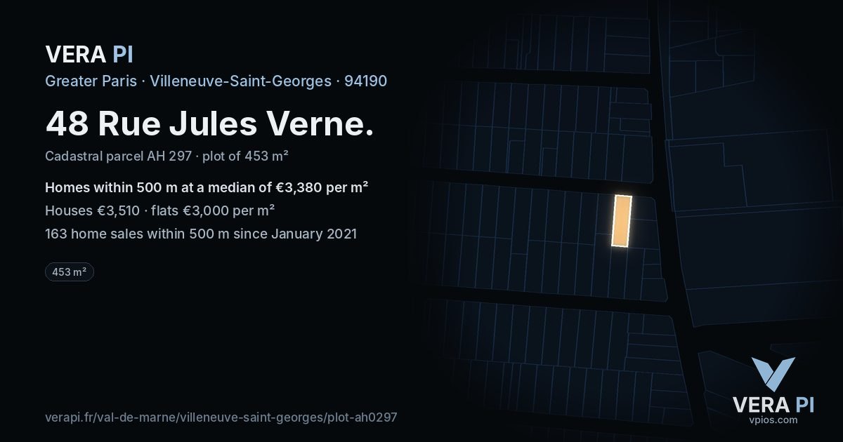 48 Rue Jules Verne, Villeneuve-Saint-Georges at night – the plot lit, the parcels around coloured by the prices near them