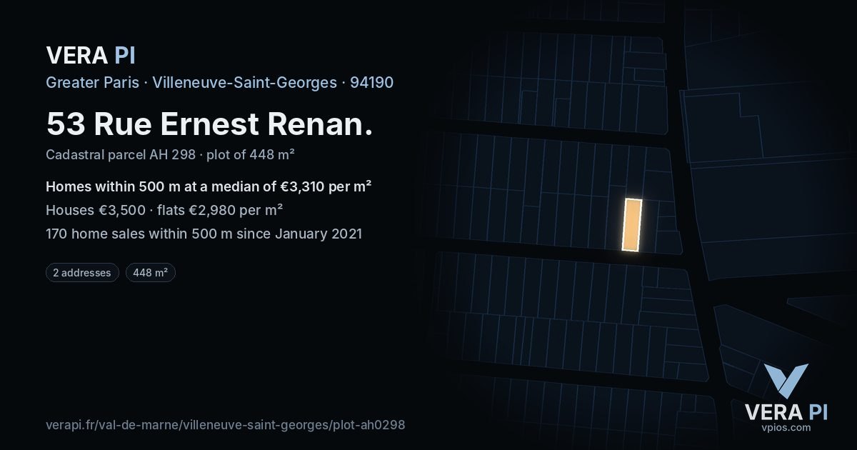 53 Rue Ernest Renan, Villeneuve-Saint-Georges at night – the plot lit, the parcels around coloured by the prices near them
