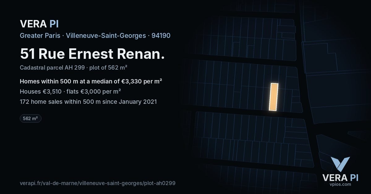51 Rue Ernest Renan, Villeneuve-Saint-Georges at night – the plot lit, the parcels around coloured by the prices near them