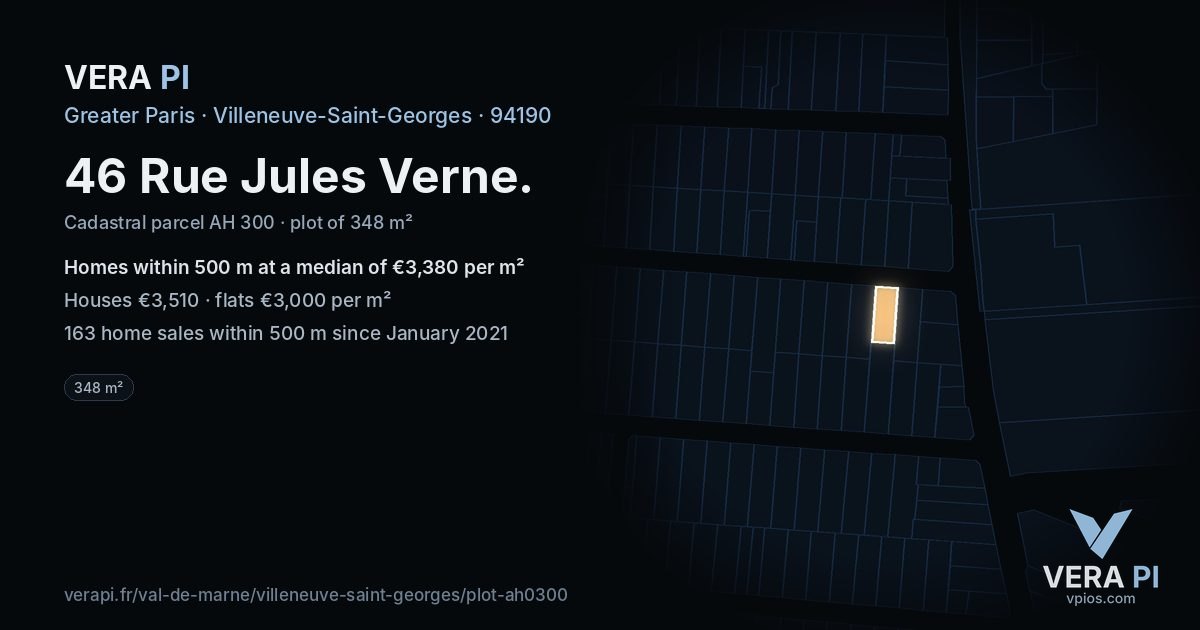 46 Rue Jules Verne, Villeneuve-Saint-Georges at night – the plot lit, the parcels around coloured by the prices near them