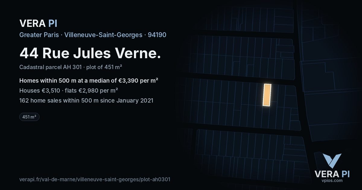 44 Rue Jules Verne, Villeneuve-Saint-Georges at night – the plot lit, the parcels around coloured by the prices near them