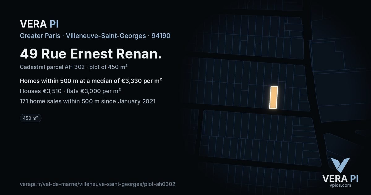 49 Rue Ernest Renan, Villeneuve-Saint-Georges at night – the plot lit, the parcels around coloured by the prices near them